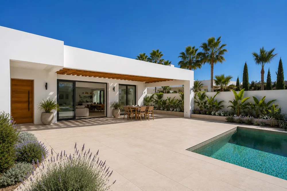 Terraza con pérgola de madera y zona chill-out en villa de Calpe