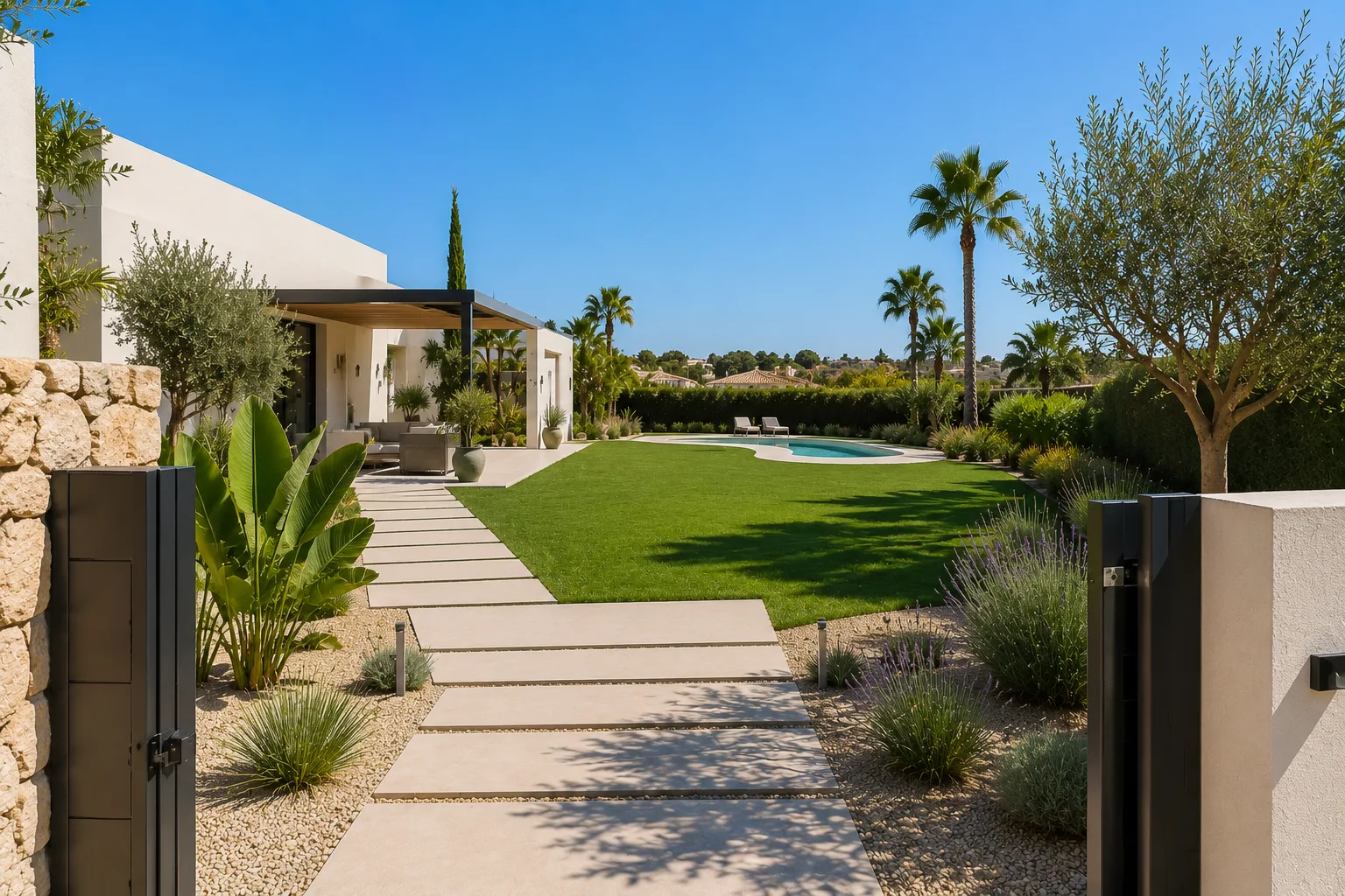 Villa con jardín y piscina diseñados por Paisajismo Calpe Costa